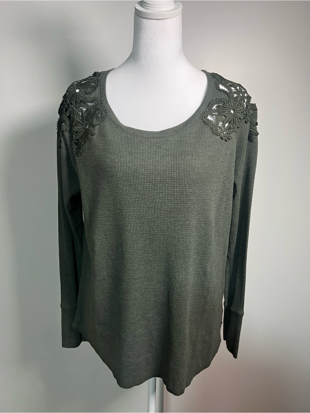 Olive Green Long Sleeve Knit Top with Lace Shoulder Detail